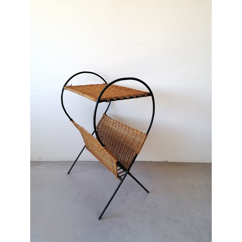 Vintage rattan side table with its magazine rack, 1950