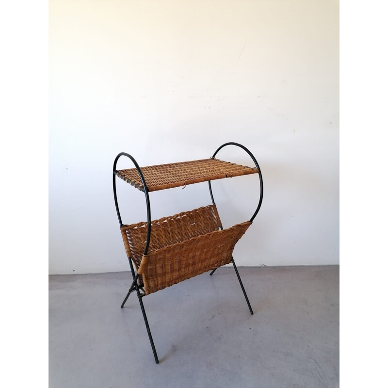 Vintage rattan side table with its magazine rack, 1950