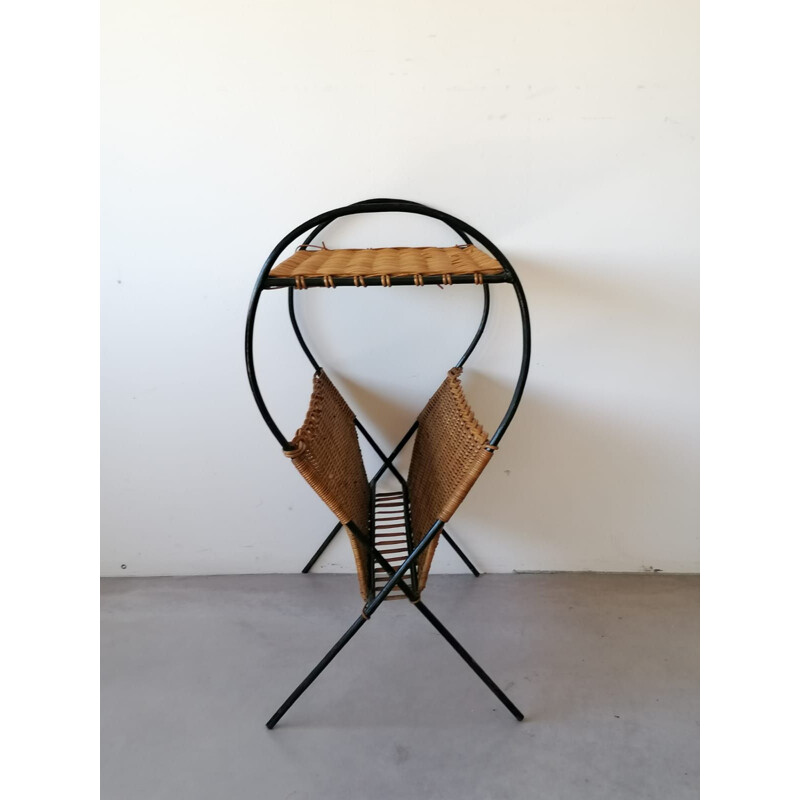 Vintage rattan side table with its magazine rack, 1950