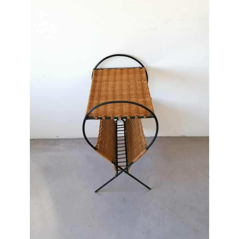 Vintage rattan side table with its magazine rack, 1950