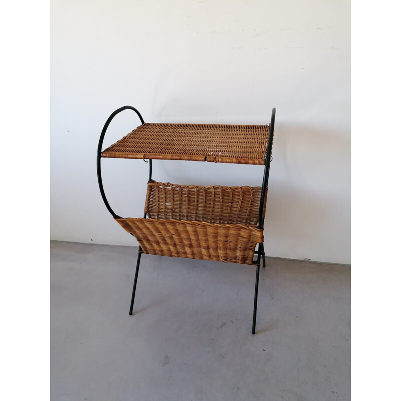 Vintage rattan side table with its magazine rack, 1950