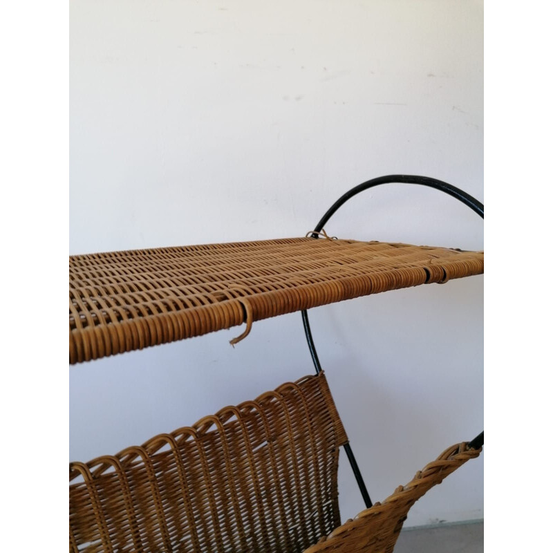 Vintage rattan side table with its magazine rack, 1950