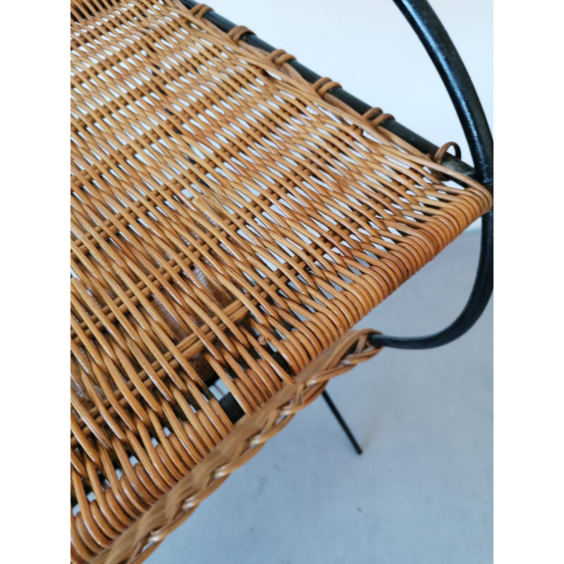 Vintage rattan side table with its magazine rack, 1950