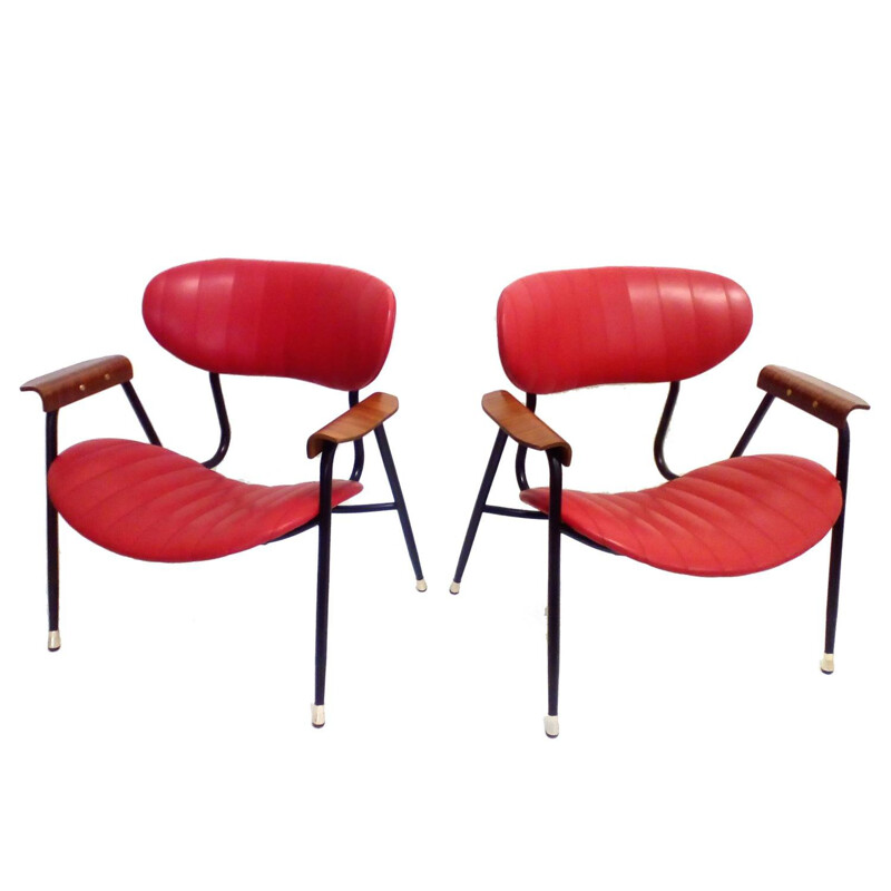 Pair of Rima armchairs in red leatherette, Gastone RINALDI - 1960s