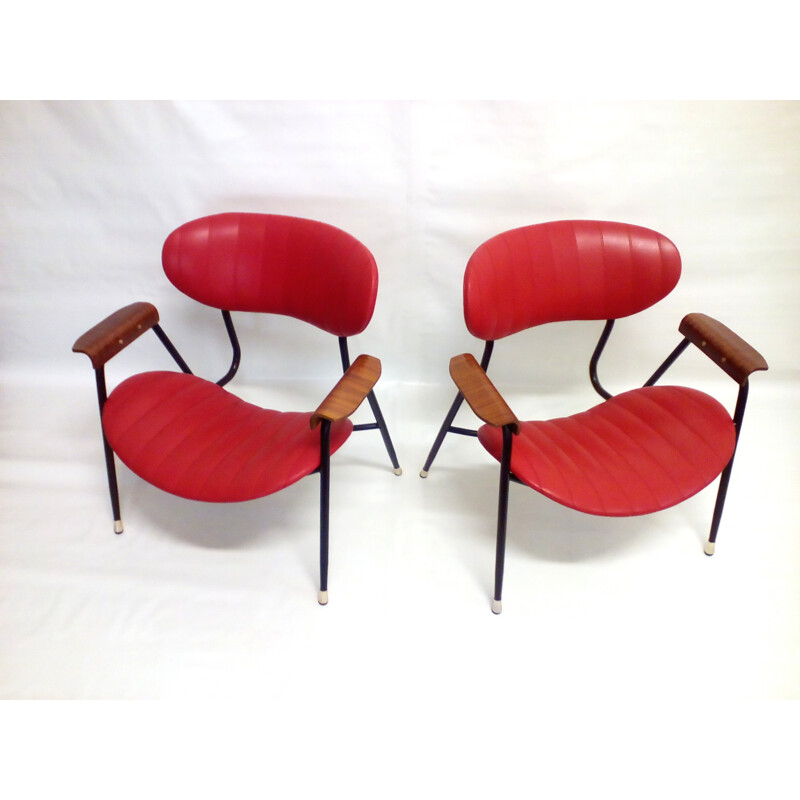 Pair of Rima armchairs in red leatherette, Gastone RINALDI - 1960s