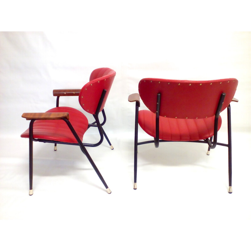 Pair of Rima armchairs in red leatherette, Gastone RINALDI - 1960s