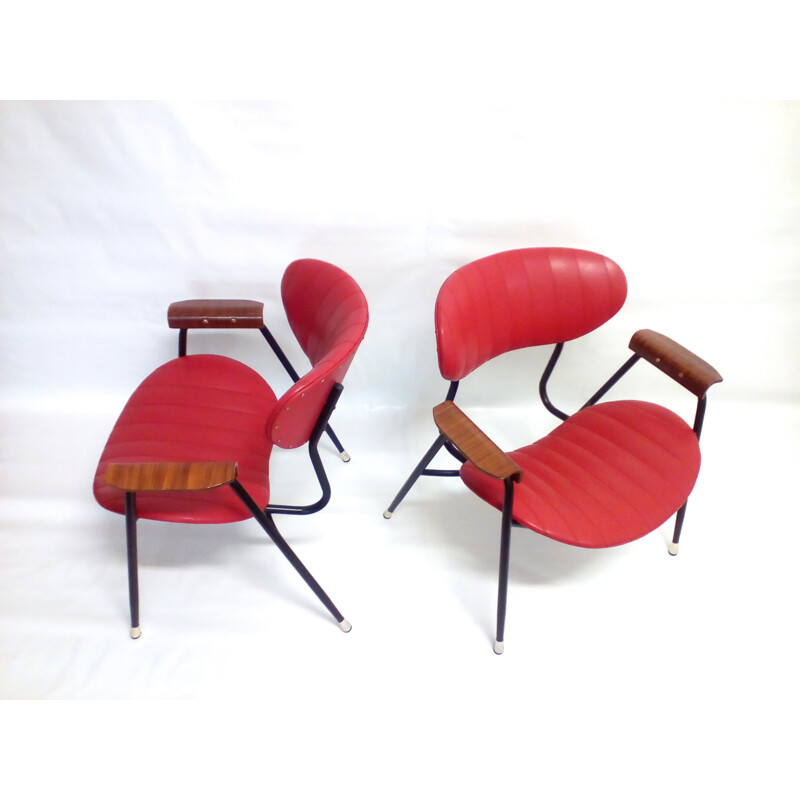 Pair of Rima armchairs in red leatherette, Gastone RINALDI - 1960s