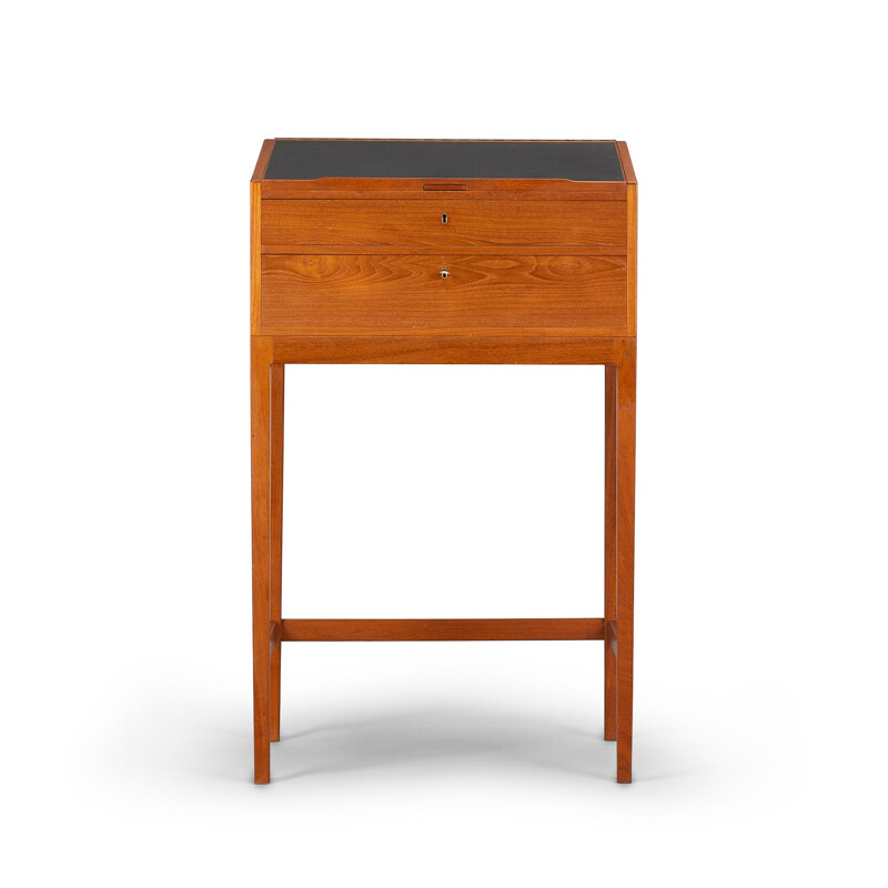 Vintage High Desk in Teak with Black Leather by Svend Langkilde for Langkilde Møbler, 1960