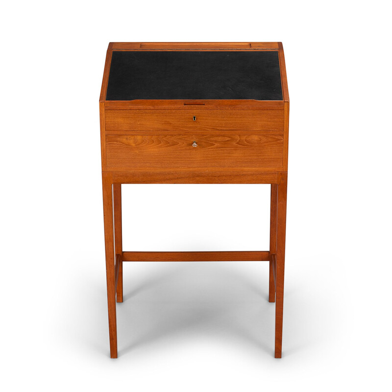 Vintage High Desk in Teak with Black Leather by Svend Langkilde for Langkilde Møbler, 1960