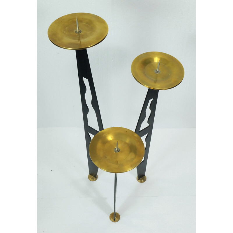 3-arm candle holder in brass and metal - 1960s