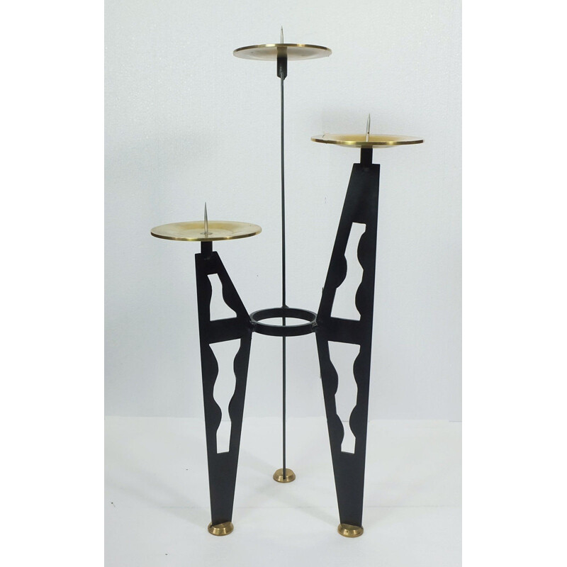 3-arm candle holder in brass and metal - 1960s
