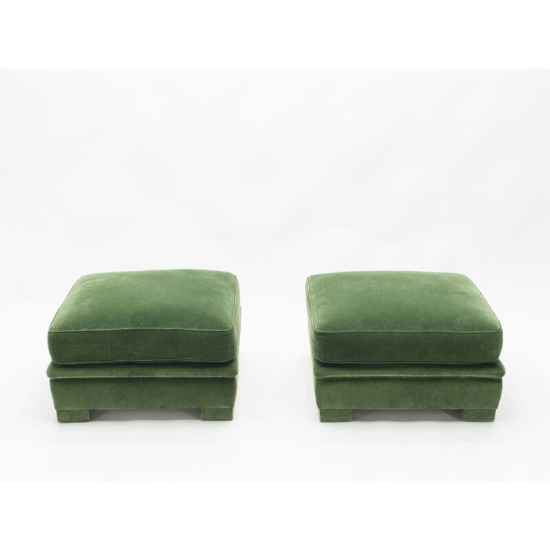 Pair of vintage neoclassical green velvet pouffes, Maison Jansen 1970