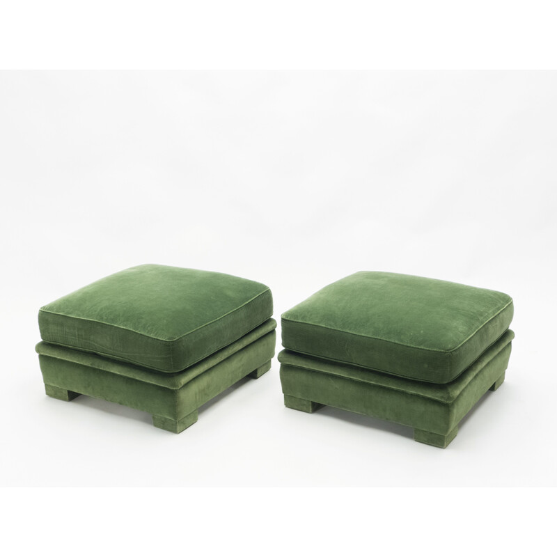 Pair of vintage neoclassical green velvet pouffes, Maison Jansen 1970