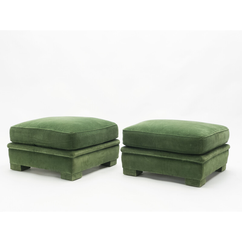 Pair of vintage neoclassical green velvet pouffes, Maison Jansen 1970