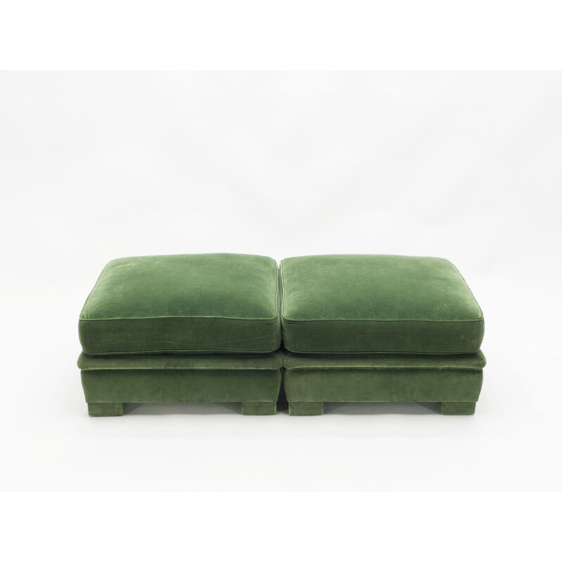 Pair of vintage neoclassical green velvet pouffes, Maison Jansen 1970