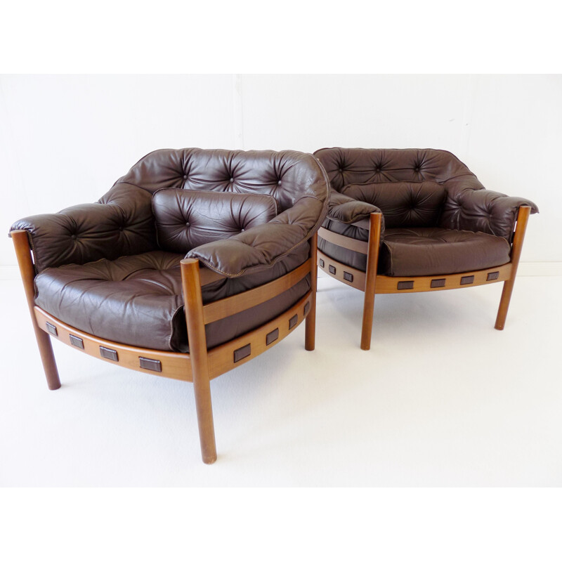 Pair of vintage Sven Ellekaer brown leather armchairs for Coja 1960