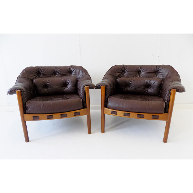 Pair of vintage Sven Ellekaer brown leather armchairs for Coja 1960