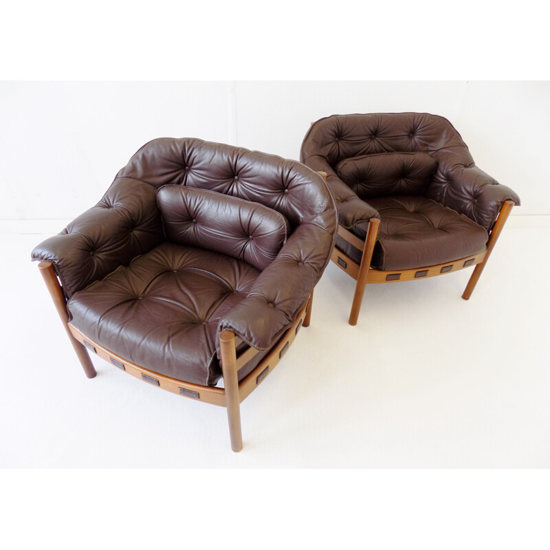 Pair of vintage Sven Ellekaer brown leather armchairs for Coja 1960