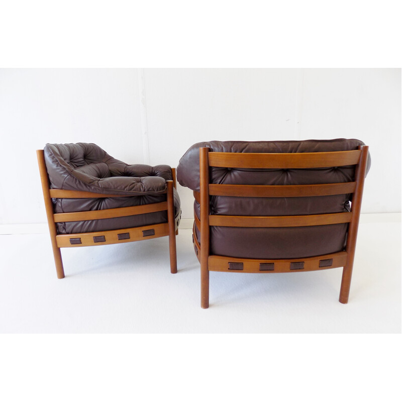 Pair of vintage Sven Ellekaer brown leather armchairs for Coja 1960