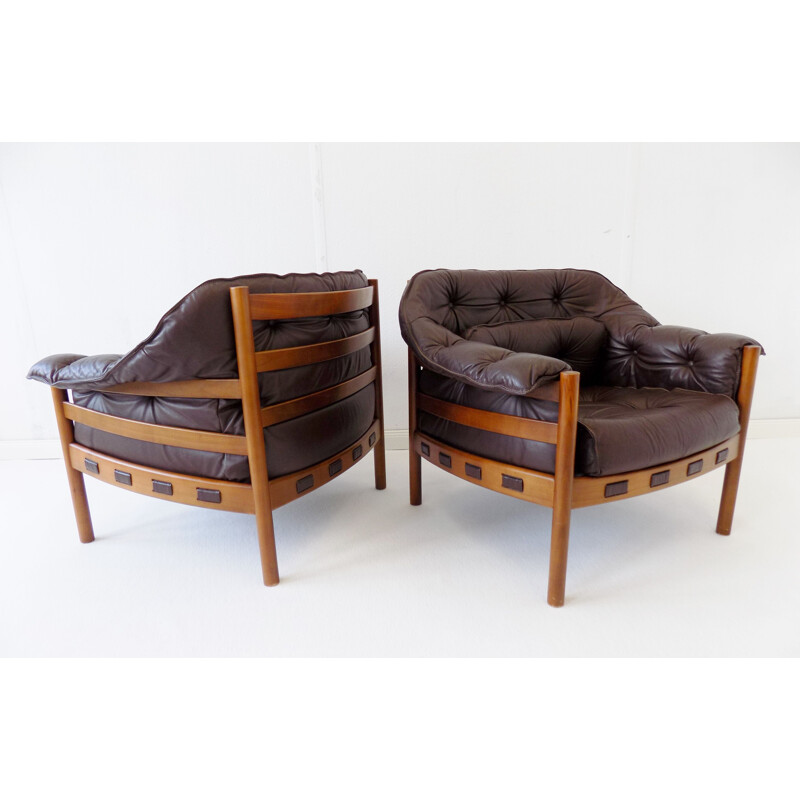 Pair of vintage Sven Ellekaer brown leather armchairs for Coja 1960