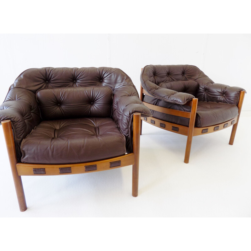 Pair of vintage Sven Ellekaer brown leather armchairs for Coja 1960