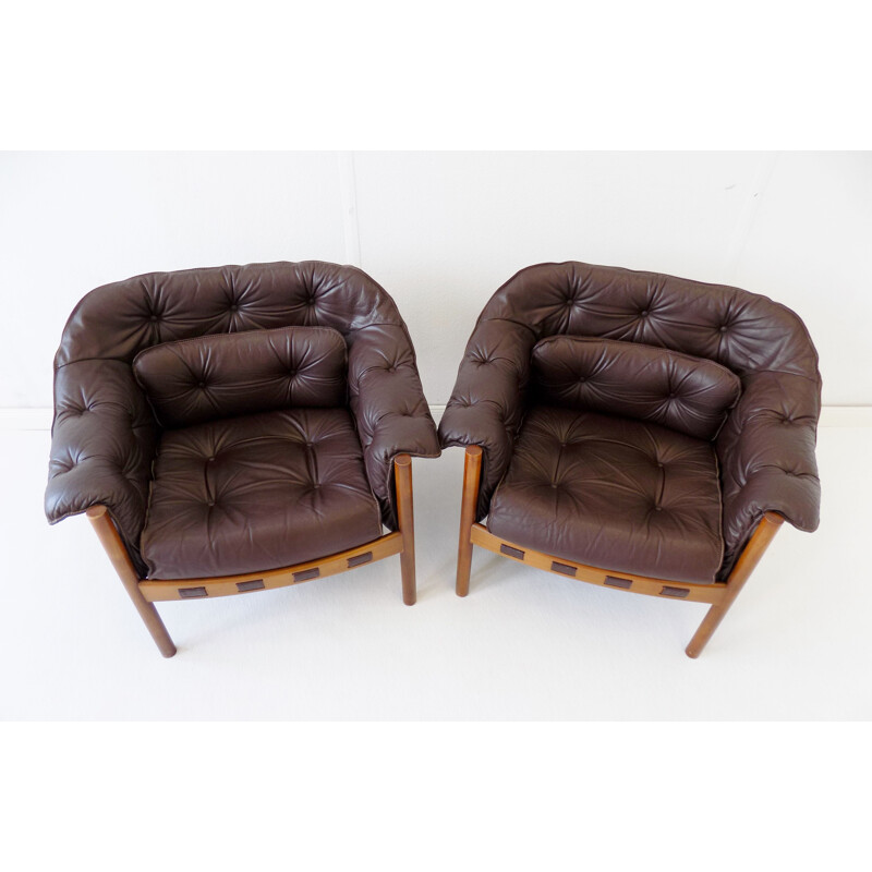 Pair of vintage Sven Ellekaer brown leather armchairs for Coja 1960