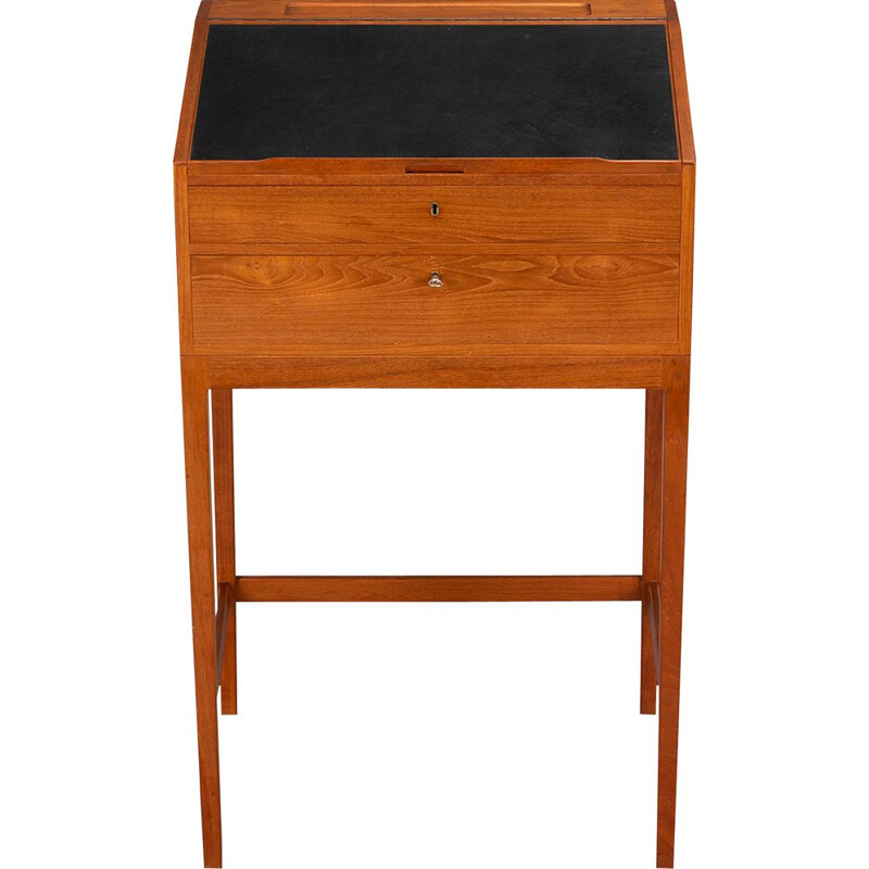 Vintage High Desk in Teak with Black Leather by Svend Langkilde for Langkilde Møbler, 1960