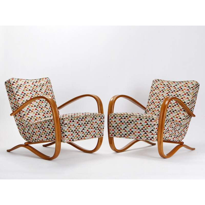 Pair of "H-269" armchairs in wood and fabric, Jindrich HALABALA - 1930s