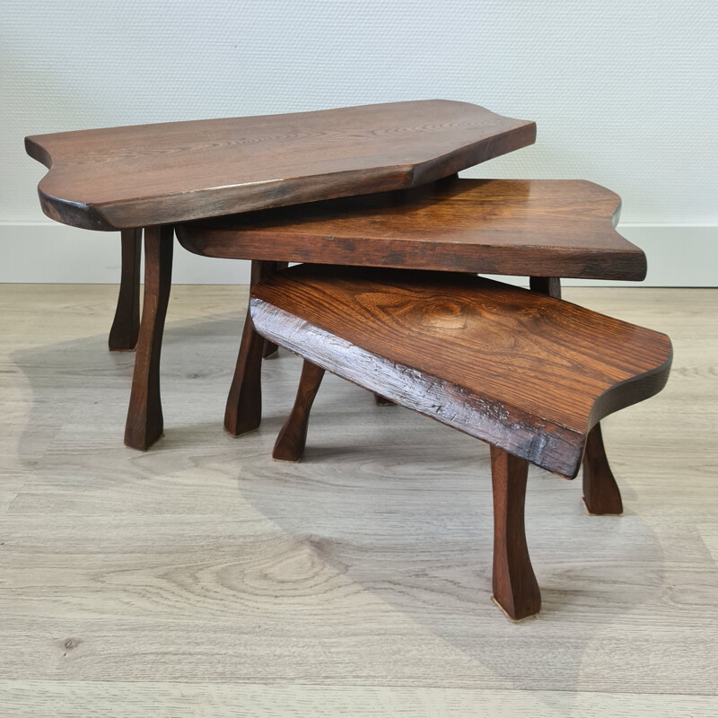 Set of 3 vintage oak tree trunk nesting tables, Scandinavian 1960s