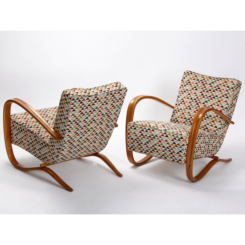 Pair of "H-269" armchairs in wood and fabric, Jindrich HALABALA - 1930s