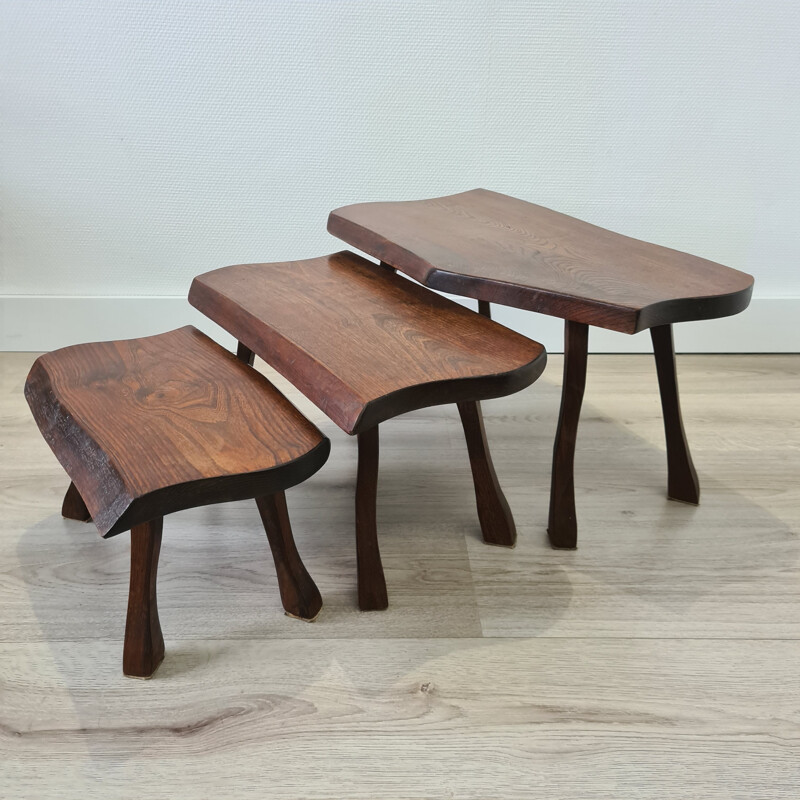 Lot de 3 tables gigogne vintage en tronc de chêne, scandinave 1960