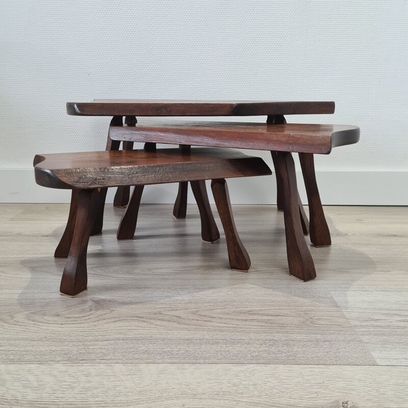 Set of 3 vintage oak tree trunk nesting tables, Scandinavian 1960s