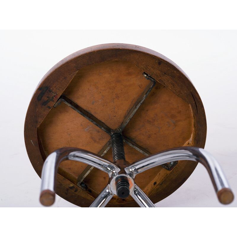 Czech chromed and wooden swivel stool - 1940s