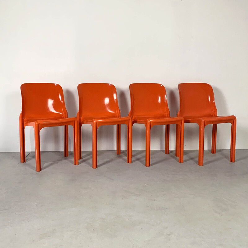 Set of 4 vintage Flash Orange Selene Chairs by Vico Magistretti for Artemide, 1970s