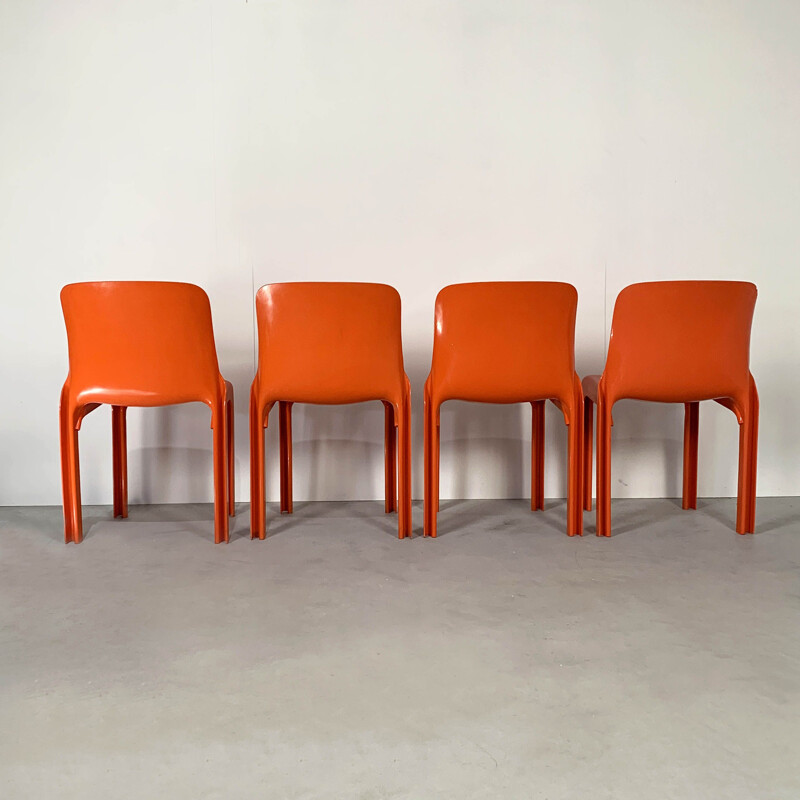 Set of 4 vintage Flash Orange Selene Chairs by Vico Magistretti for Artemide, 1970s