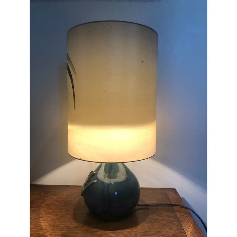 Vintage blue ceramic lamp, silk shade 1970