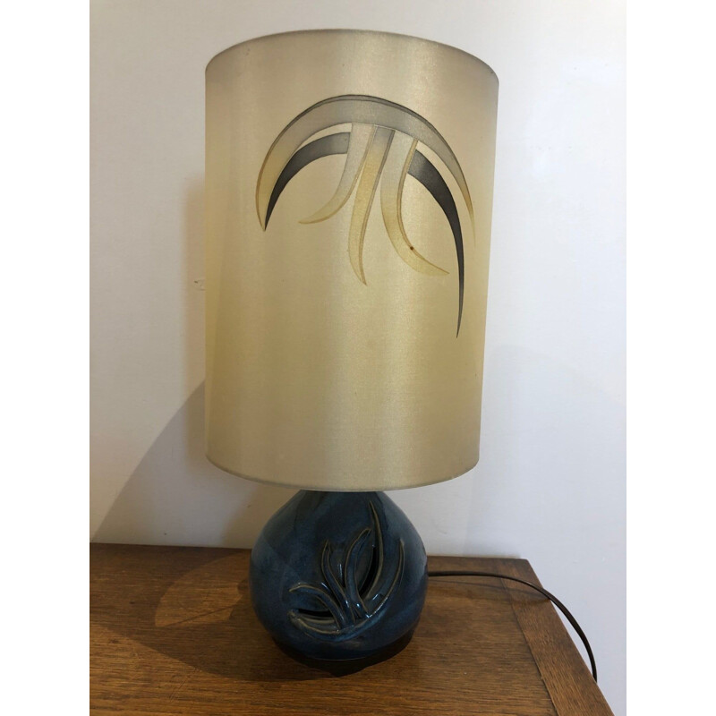 Vintage blue ceramic lamp, silk shade 1970