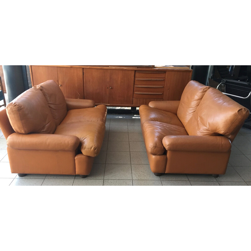 Pair of fawn leather sofas 2 seater Italian Brunati 1980s