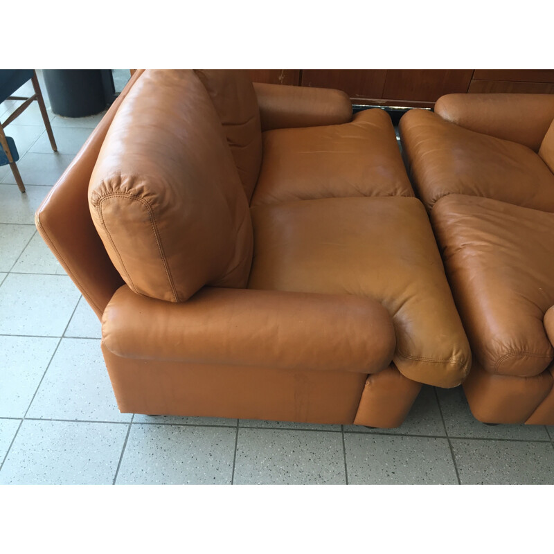 Pair of fawn leather sofas 2 seater Italian Brunati 1980s