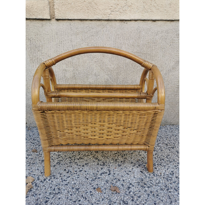 Vintage bamboo and rattan magazine rack 1970