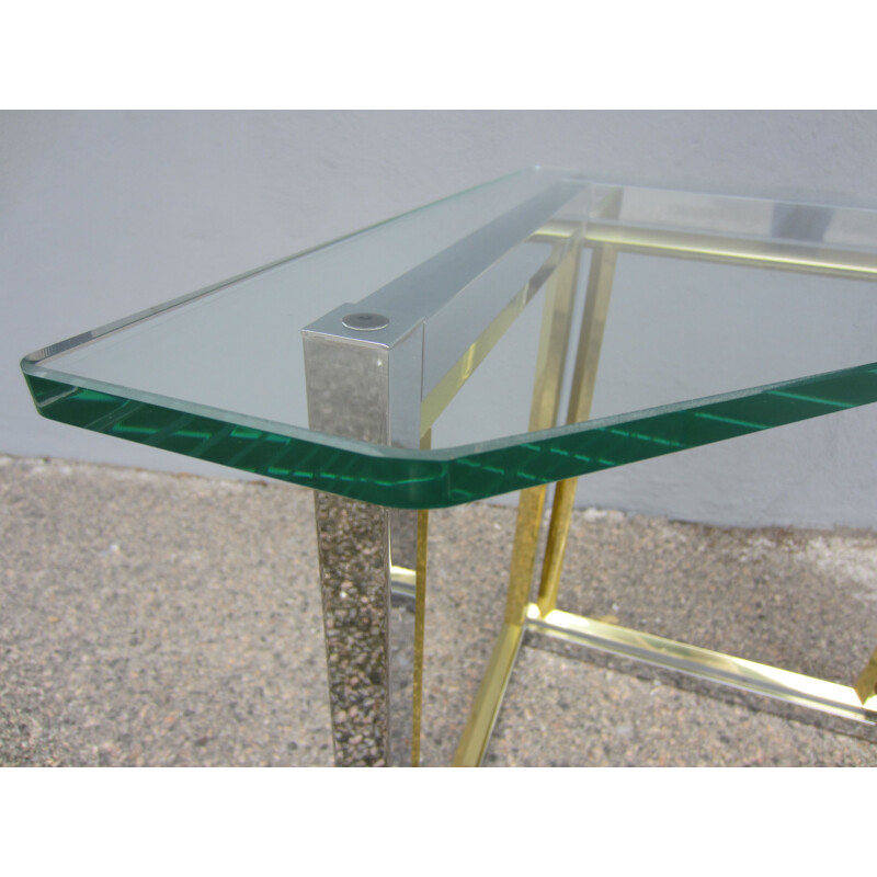 Vintage corner table in chrome and brass with glass top Romeo Rega 1970
