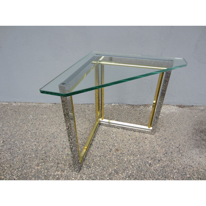 Table d'angle vintage en chrome et laiton avec plateau en verre Romeo Rega 1970