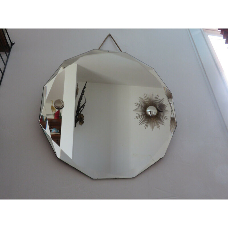 Large vintage mirror wall-mounted with bevelled cord 1940