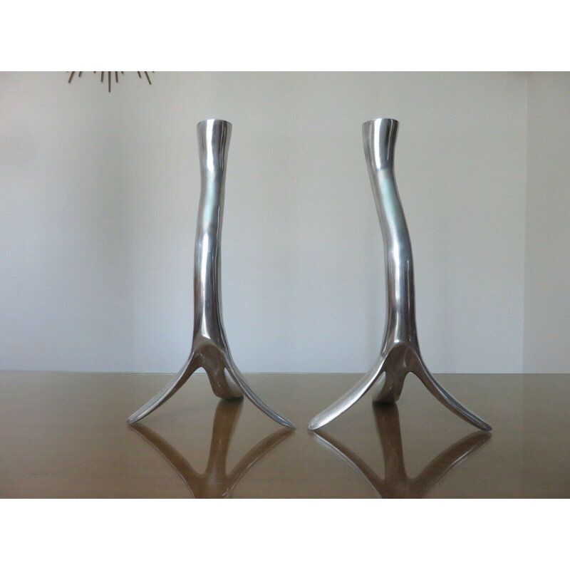 Pair of Scandinavian vintage zoomorphic candleholders in solid aluminium 1970