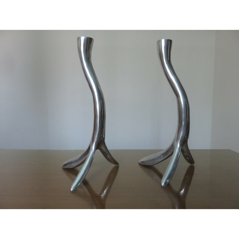 Pair of Scandinavian vintage zoomorphic candleholders in solid aluminium 1970