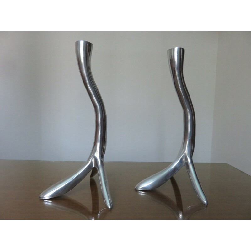 Pair of Scandinavian vintage zoomorphic candleholders in solid aluminium 1970