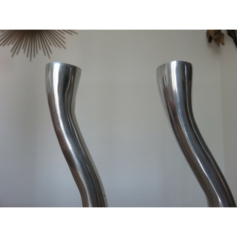 Pair of Scandinavian vintage zoomorphic candleholders in solid aluminium 1970