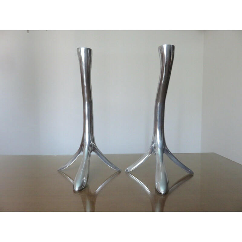 Pair of Scandinavian vintage zoomorphic candleholders in solid aluminium 1970