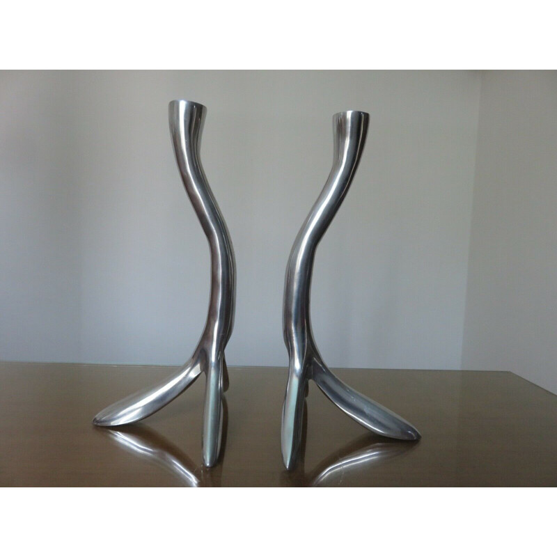 Pair of Scandinavian vintage zoomorphic candleholders in solid aluminium 1970