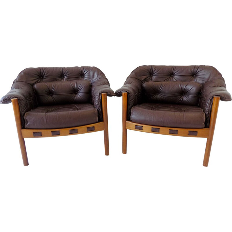 Pair of vintage Sven Ellekaer brown leather armchairs for Coja 1960